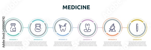 medicine concept infographic design template. included medicine flask, weights, hypersensitive, canine, lab microscope, thermometer reading temperature icons and 6 option or steps.