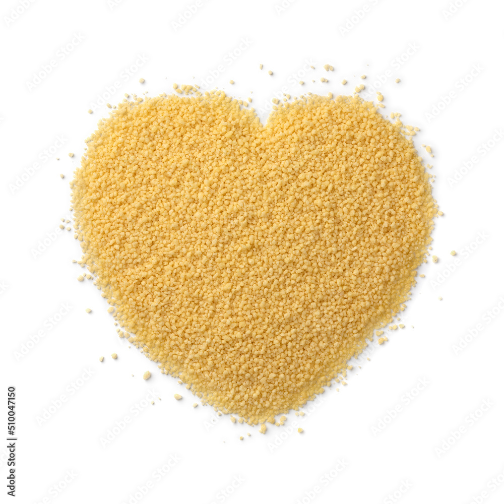 Dried uncooked couscous in heart shape isolated on white background Dried uncooked couscous in heart shape isolated on white background