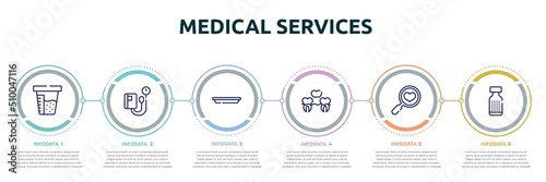 medical services concept infographic design template. included urine test, sphygmomanometer, surgical tray, denture, health check, homeopathy icons and 6 option or steps.