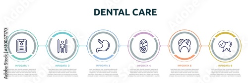 dental care concept infographic design template. included medical prescription, inversion therapy, stoh, pediatrics, decayed, healthy tooth icons and 6 option or steps.