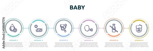 baby concept infographic design template. included platelet, bacterium, blood pressure meter, sneeze, lactose intolerant, dad icons and 6 option or steps.