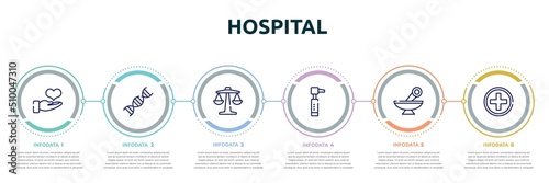 hospital concept infographic design template. included donator, adn, weigh scale, otoscope, alternative medicine, red cross icons and 6 option or steps.