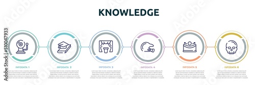 knowledge concept infographic design template. included alarm bell, thesis, curtain, baseball helmet, concave, anthropology icons and 6 option or steps.