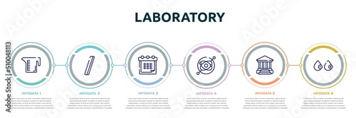 laboratory concept infographic design template. included measure cup, slash, timetable, gyroscope, academy, blood type icons and 6 option or steps.