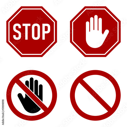 Icon Set of Red Stop Sign and Stop Hand Adblock Octagonal Symbol. Vector Image.