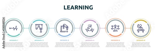 learning concept infographic design template. included life line, pulley, experimentation, metabolism, libra, raising hand icons and 6 option or steps.