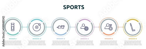 sports concept infographic design template. included reusable bottle, electron, hand puppet, engeneering, biochemist, hockey stick icons and 6 option or steps.