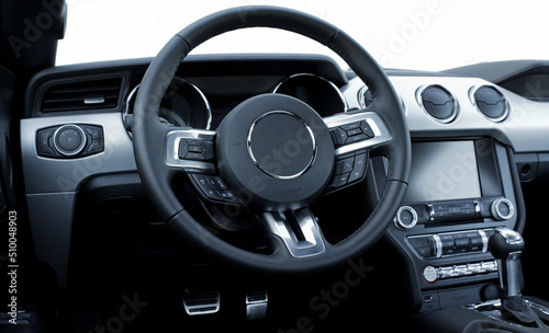 Steering Wheel, Head Monitor, And Gearbox Knob With Soft Focus In Car © AnyVIDStudio