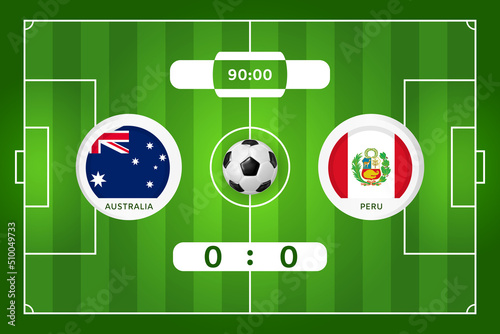 Australia - Peru football match. Infographic banner with text. Scoring goals. Round stickers with country flags on a soccer field with a soccer ball. Top View. Football tournament template