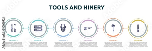 tools and hinery concept infographic design template. included knives, boards, dyupel, metal saw, wood cutter, knife file icons and 6 option or steps.