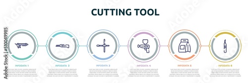 cutting tool concept infographic design template. included sealant, stationery knife, wheelbrace, spray gun, washing powder, leather cutter icons and 6 option or steps.