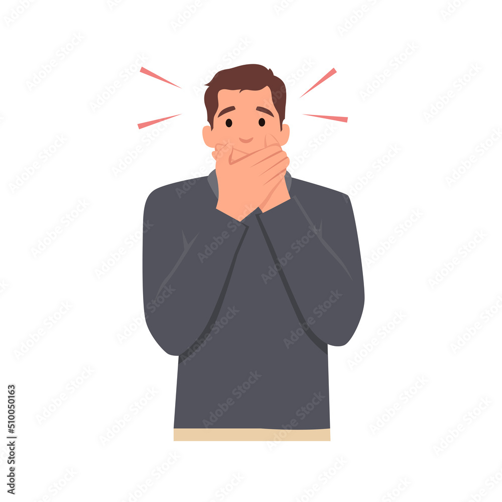 Young man cartoon character Keep a secret be quiet concept. keeping mouth shut . Flat vector illustration isolated on white background Young man cartoon character Keep a secret be quiet concept. keeping mouth shut . Flat vector illustration isolated on white background