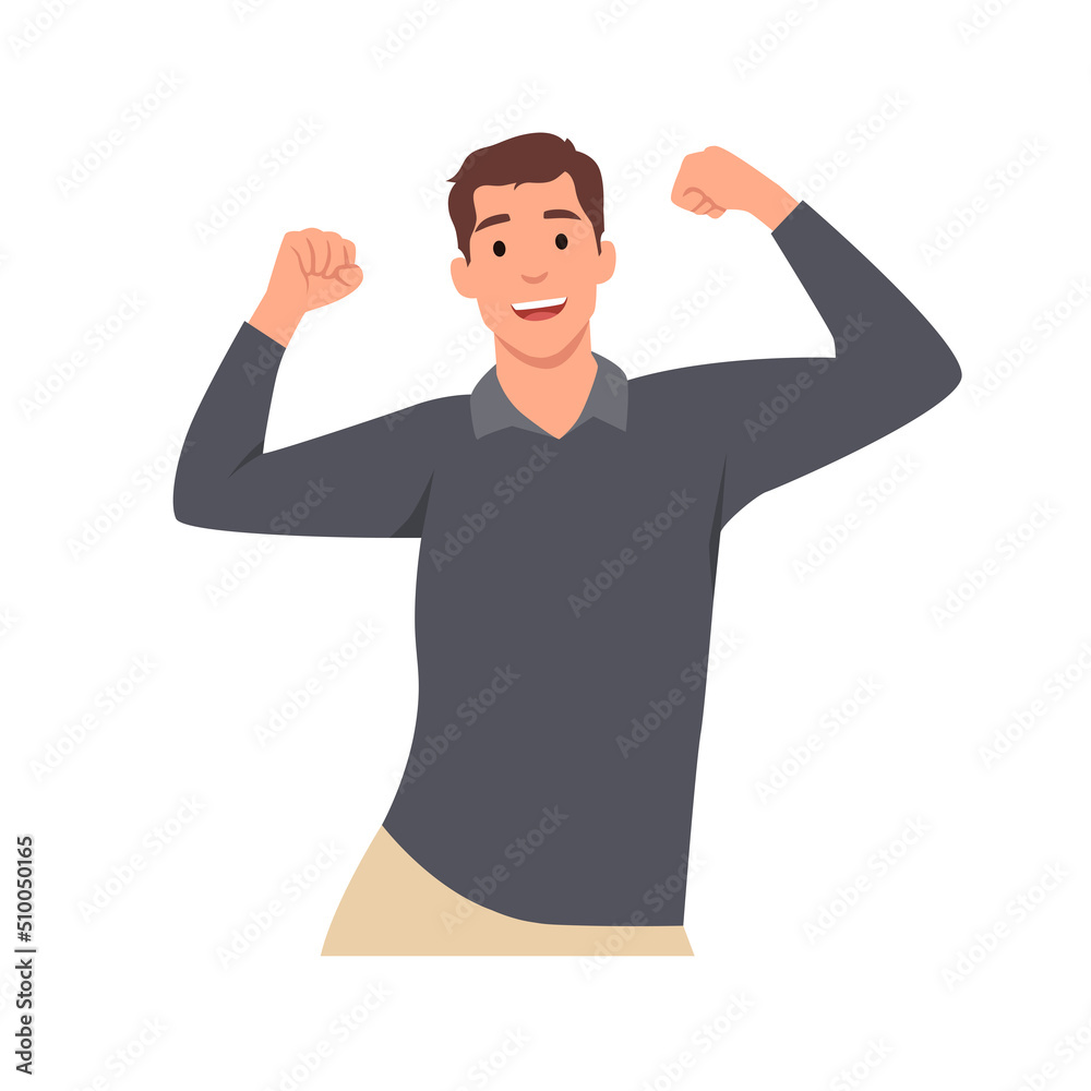 Young man cartoon character Happy and excited celebrating victory expressing success, power, energy and positive emotions. Flat vector illustration isolated on white background Young man cartoon character Happy and excited celebrating victory expressing success, power, energy and positive emotions. Flat vector illustration isolated on white background