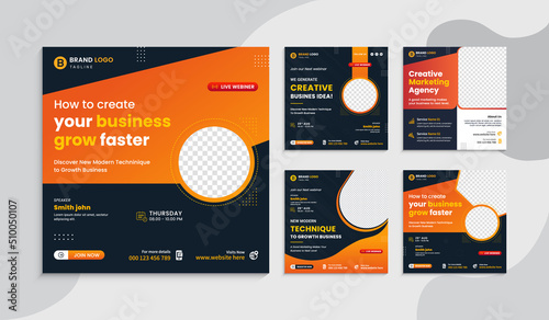 Digital marketing lives webinar and business social media post template. Marketing social media post design or square social media post banner. Marketing agency social media post set template vector.