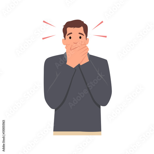 Young man cartoon character Keep a secret be quiet concept. keeping mouth shut . Flat vector illustration isolated on white background