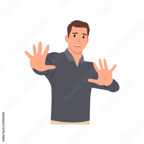Young man cartoon character making stop with his hands. Say No . Flat vector illustration isolated on white background © lioputra
