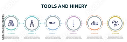 tools and hinery concept infographic design template. included ladder open, big pliers, null, screwdriver pointing up, tipper truck, construction tools icons and 6 option or steps.