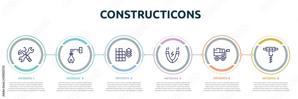 constructicons concept infographic design template. included work tools cross, derrick with tong, tiles detail of construction, inclined magnet, trolley with cargo, pickaxes drilling icons and 6 - obrazy, fototapety, plakaty 