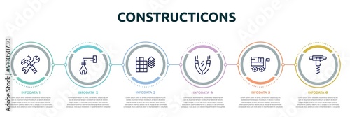 constructicons concept infographic design template. included work tools cross, derrick with tong, tiles detail of construction, inclined magnet, trolley with cargo, pickaxes drilling icons and 6