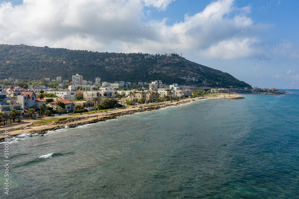 Drone view from the sea of ​​the Carmel mountain and  Bat Galim neighborhood , Haifa.