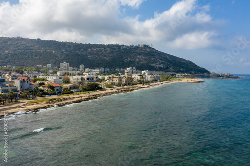 Drone view from the sea of ​​the Carmel mountain and Bat Galim neighborhood , Haifa.
