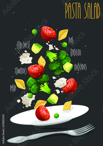Pasta salad with feta cheese, tomatoes, peas, broccoli and avocados. Vector illustration