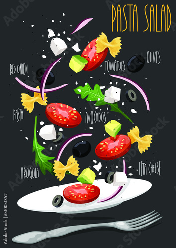 Pasta salad with feta cheese, avocados, onion, tomatoes, olives and arugula. Vector illustration