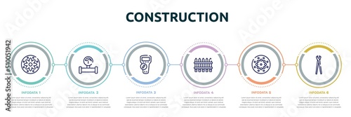 construction concept infographic design template. included applique, gas pipe, multimeter, fences, beadwork, pincers icons and 6 option or steps.