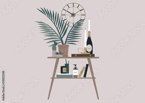 A home interior scene, a coffee table with books, plants, and candles