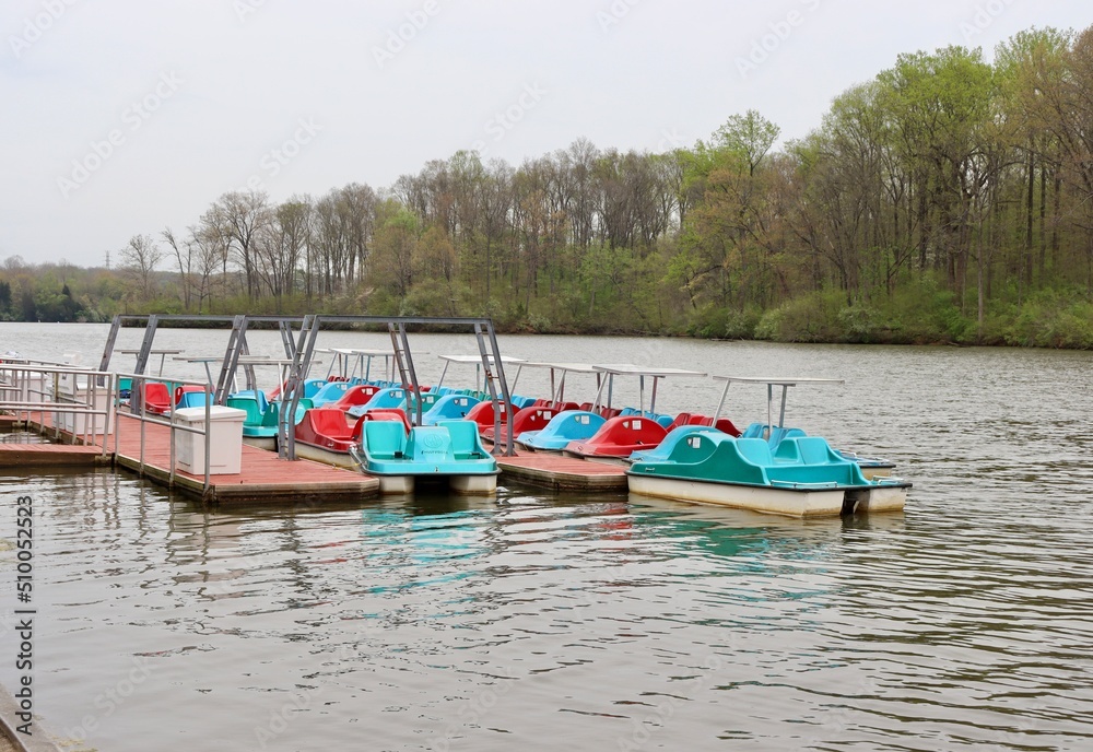 The paddle boats at the lake in the park.