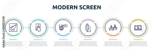 modern screen concept infographic design template. included mouse pointer, touch, link on internet, usb plug, computer workers group, screen with cursor arrow icons and 6 option or steps.