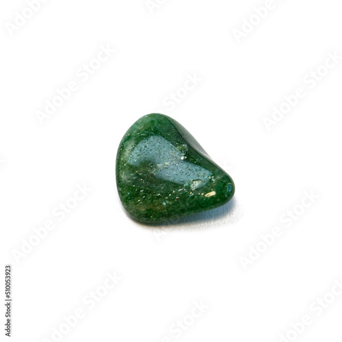 Macroshooting of natural mineral rock specimen - tumbled green aventurine gemstone isolated on white background