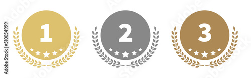 Laurel wreath trophy icon. Gold Silver and Bronze medal. Label icons set.