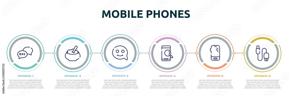 mobile phones concept infographic design template. included swearing, porridge, smiles, searching by phone, mobile phone variant, usb connector icons and 6 option or steps.