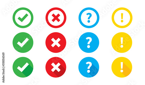 Check mark cross question and exclamation vector icon set. Colorful sign symbol collection.