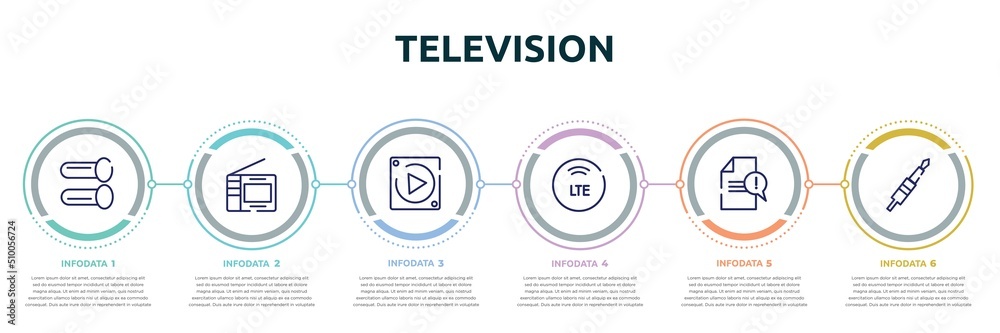 television concept infographic design template. included pipes, portable television, null, lte, complaint, jack cable icons and 6 option or steps.