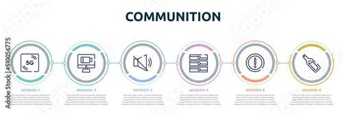 communition concept infographic design template. included 5g, videocall, muted, servers, caution triangle, message in a bottle icons and 6 option or steps.