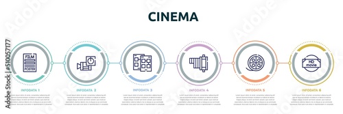 cinema concept infographic design template. included film poster, turn on, storyboard, negative film, movie reel, hd movie icons and 6 option or steps.