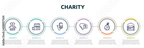 charity concept infographic design template. included clothes donation, charity shop, blood donation, donate, enviromental protection, shelter beds icons and 6 option or steps.