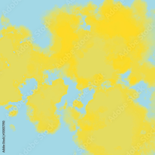Bright Abstract Watercolor Style Vector Layout. Light Lime Yellow Paint Stains on a Pastel Blue Background. Vivid Color Splashes and Splatter on Camo Print. Cool Creative Layout. © Magdalena