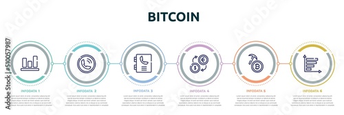 bitcoin concept infographic design template. included bar graphic, calling, phonebook, money exchange, bitcoin mining, bar graph icons and 6 option or steps.