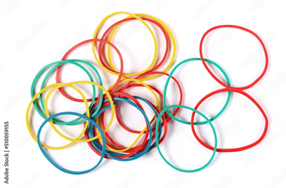 Colorful rubber bands pile isolated on white, top view Colorful rubber bands pile isolated on white, top view