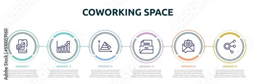 coworking space concept infographic design template. included dive, rise, pyramid chart, files and folders, email marketing, coworking icons and 6 option or steps.