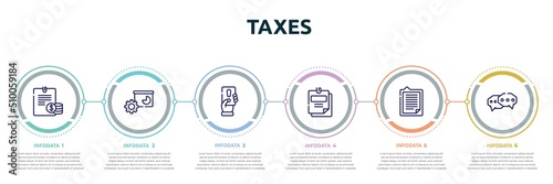 taxes concept infographic design template. included planing, facilities, penalty, taxes, explanation, chat bubble icons and 6 option or steps.
