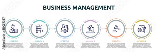 business management concept infographic design template. included accountant, oil barrel, money transfer, bank online, bid, instructions icons and 6 option or steps.