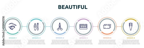 beautiful concept infographic design template. included eye make up, eyes mascara, manicure scissors, eye shadow pallette, pillow, two side comb icons and 6 option or steps.