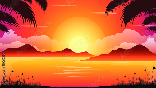 Sunset beach mountain coconut landscape vector illustration