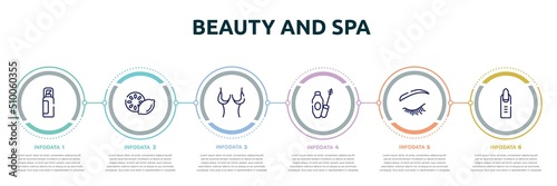 beauty and spa concept infographic design template. included hair spray, lemon slice, breast reduction, mascara, eyelash, nail icons and 6 option or steps.