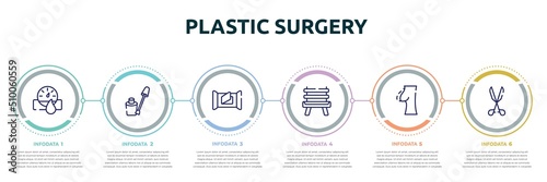 plastic surgery concept infographic design template. included hydrometer, nail color, wet wipes, wooden chair, nipple, medical tools icons and 6 option or steps.