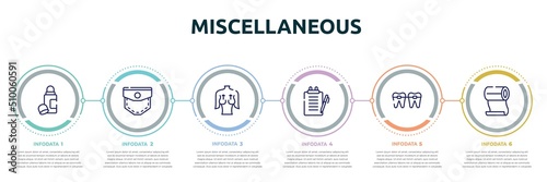 miscellaneous concept infographic design template. included deodorant, pocket, mastopexy, medical report, braces, roll on icons and 6 option or steps.